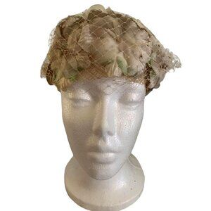 Vintage Beige Floral Netting Hat With Retro Charm & Elegance